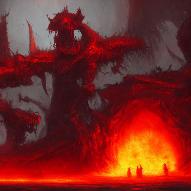 Hellish Landscape with Glowing Red Cavern and Dragon-like Structures