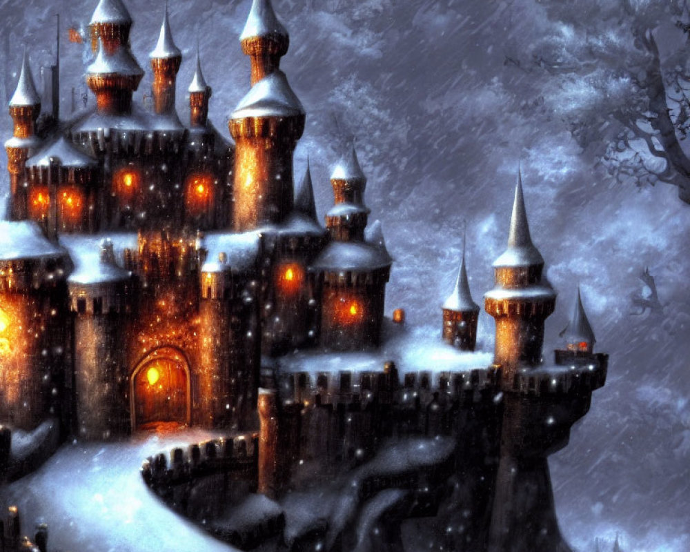 Mystical castle in snowy landscape under cloudy night sky