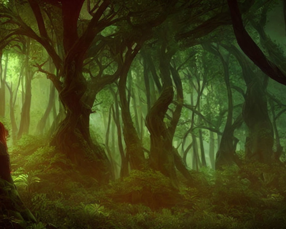 Enchanting Green Forest with Mist and Sunlight