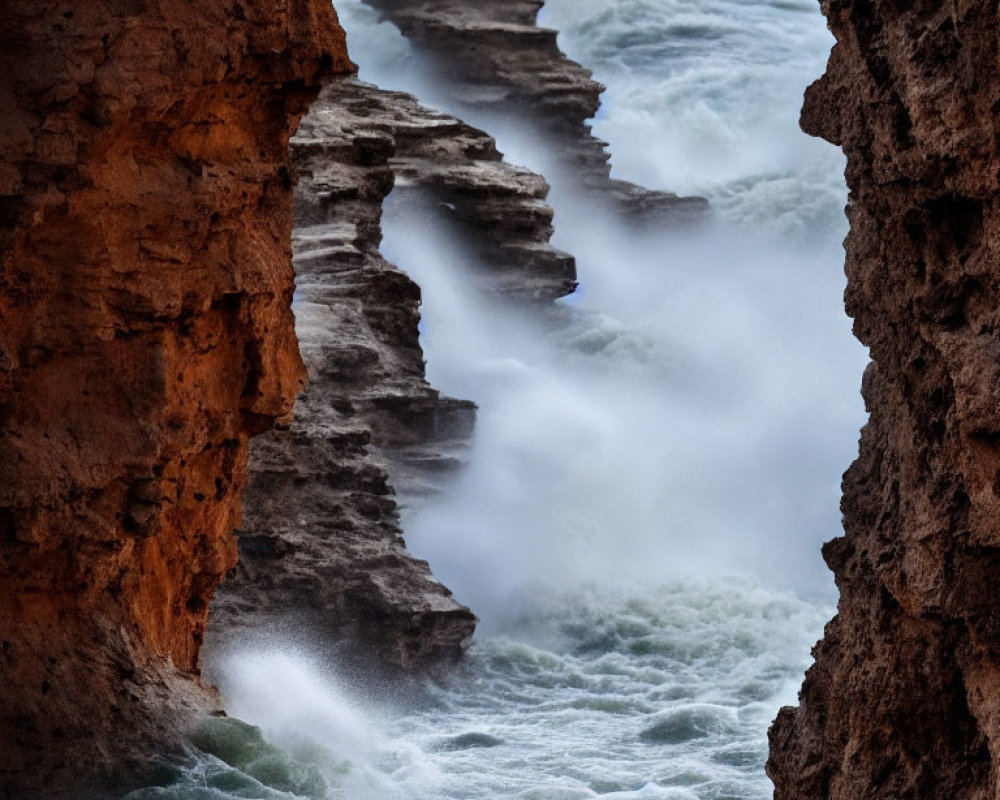 Rough sea waters flowing through rugged rocky cliff channel