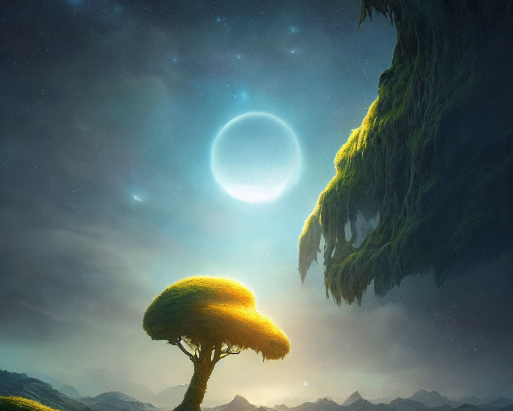 Surreal landscape with lone tree under solar eclipse