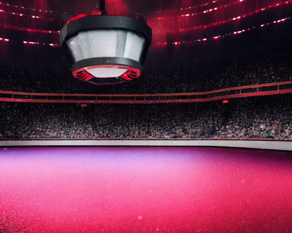 Vibrant pink and red lighting in packed indoor arena