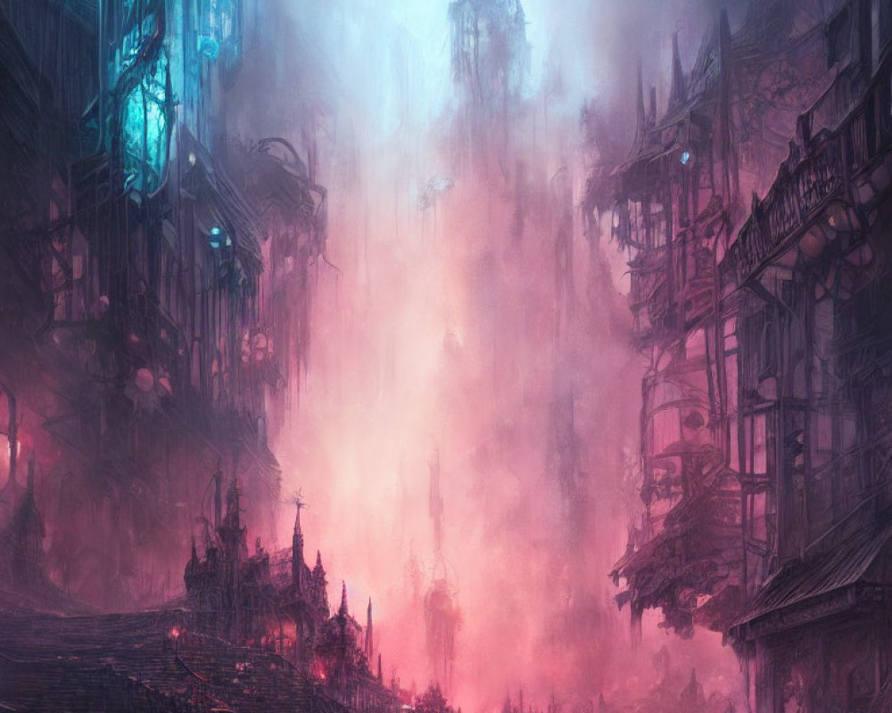 Misty Dystopian Cityscape with Glowing Lights and Pink Haze