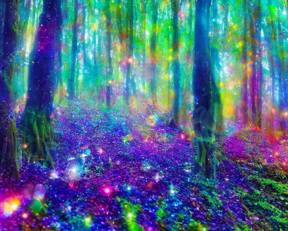 Enchanting purple and blue forest with glowing lights