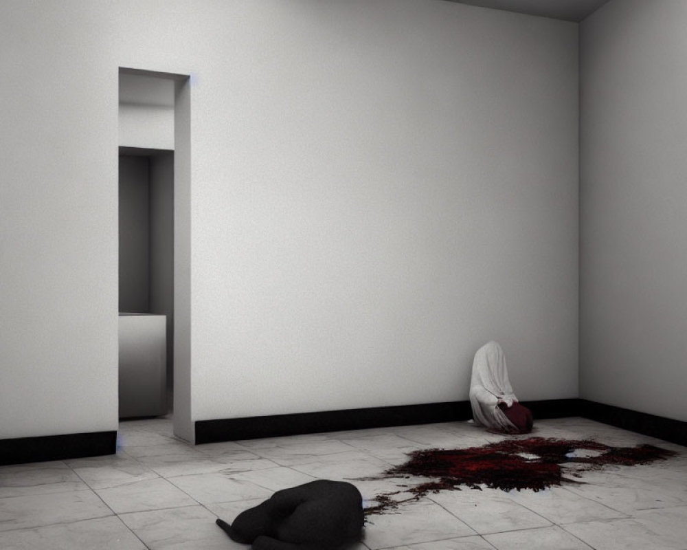 Person sitting in somber white room with bloodstain on floor