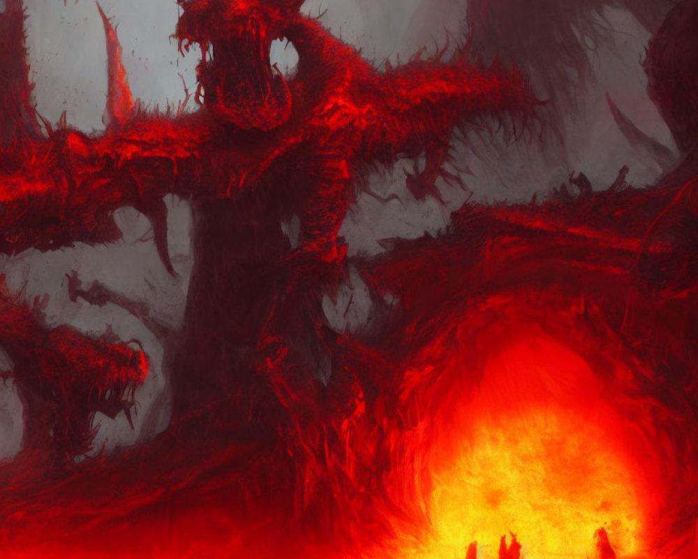 Hellish Landscape with Glowing Red Cavern and Dragon-like Structures