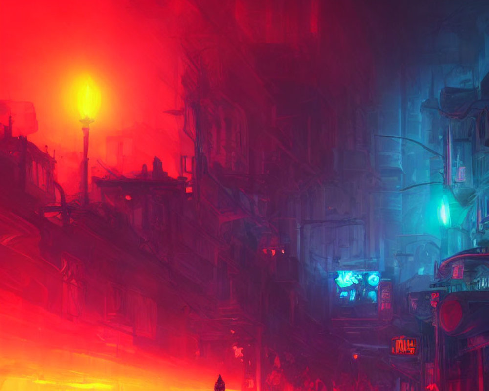 Solitary figure in neon-lit futuristic cityscape with red and blue hues