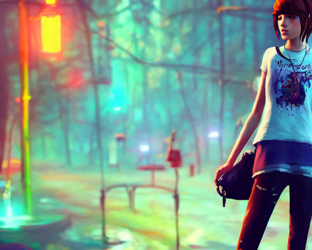 Young woman in casual attire standing in dreamy forest with colorful lighting and puddles, holding shoulder bag