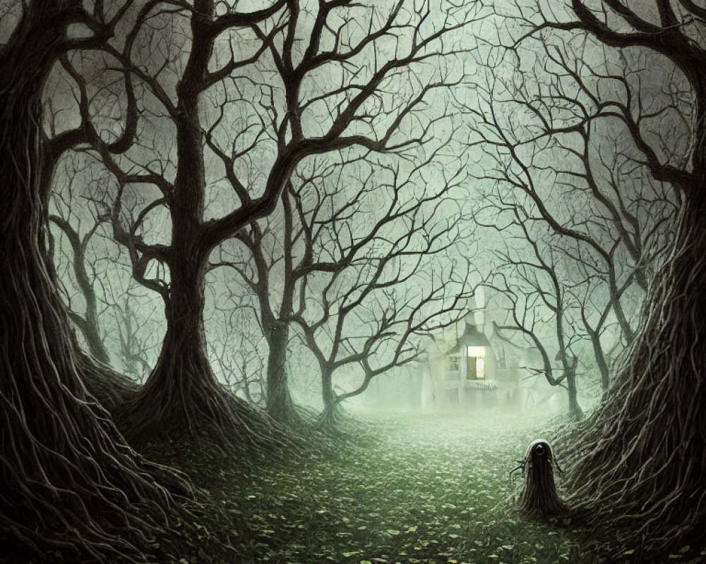 Gnarled trees, mist, illuminated house, and mysterious figure in eerie forest.