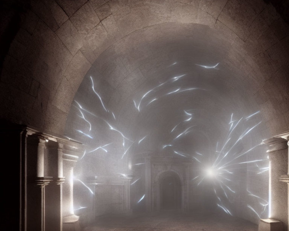 Ancient stone vaulted hallway with swirling blue light tendrils