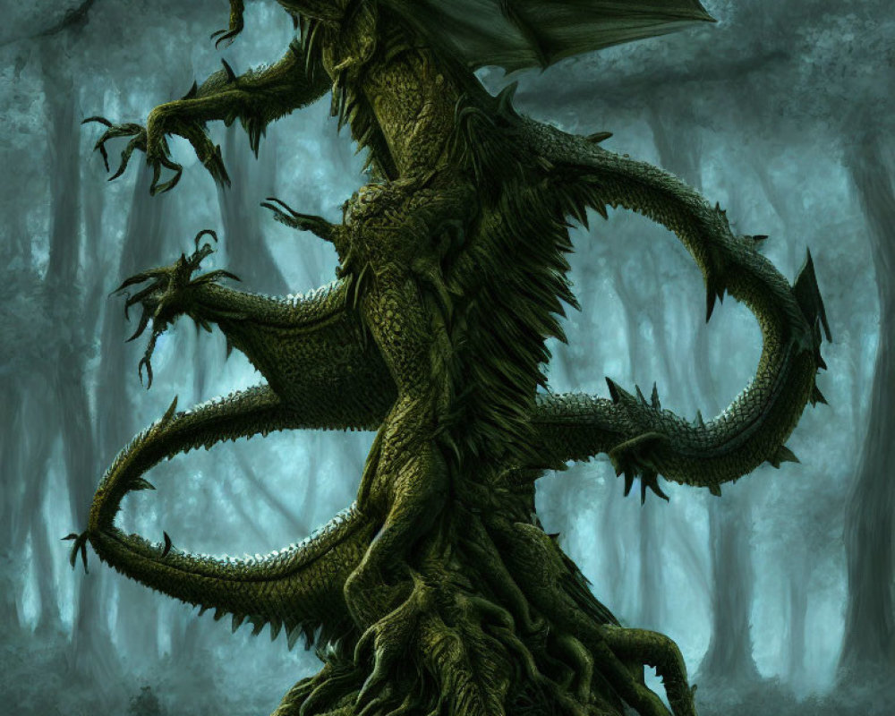 Detailed green dragon with sprawling wings in murky cavernous backdrop