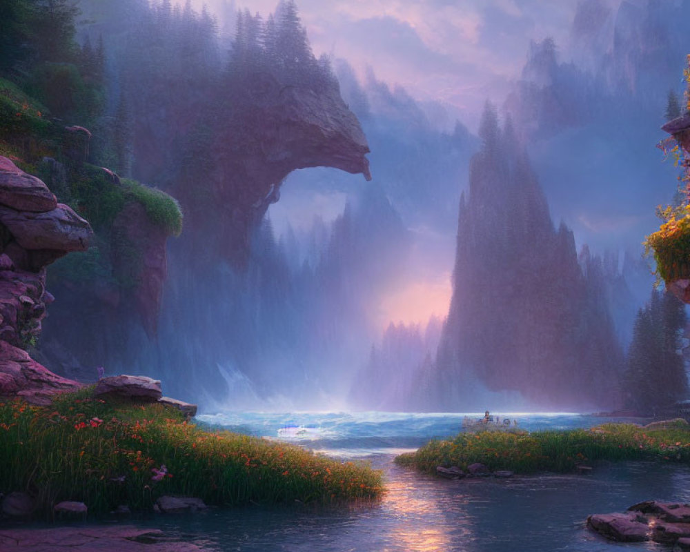 Fantasy landscape with river, floral banks, natural arch, and misty waterfalls at dusk