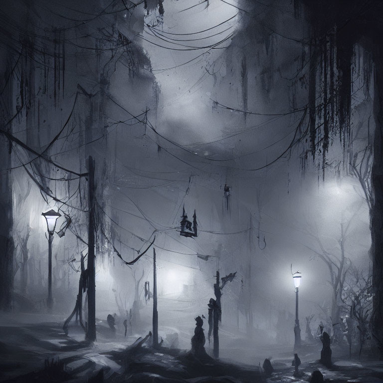 Foggy street scene with silhouetted figures and hanging lanterns