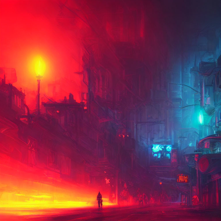 Solitary figure in neon-lit futuristic cityscape with red and blue hues