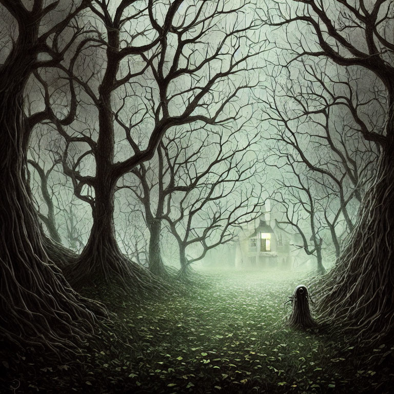 Gnarled trees, mist, illuminated house, and mysterious figure in eerie forest.