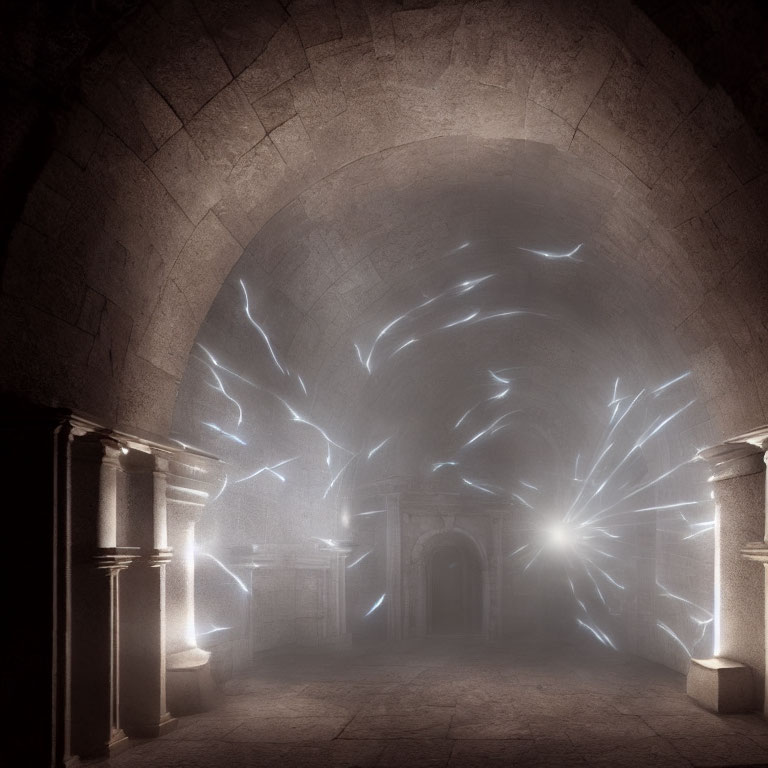 Ancient stone vaulted hallway with swirling blue light tendrils