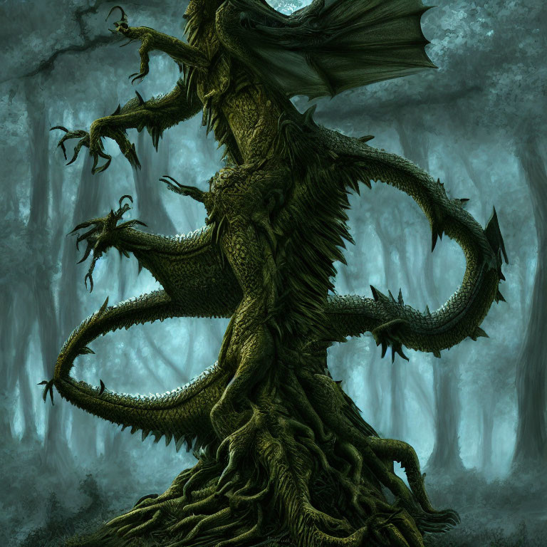 Detailed green dragon with sprawling wings in murky cavernous backdrop