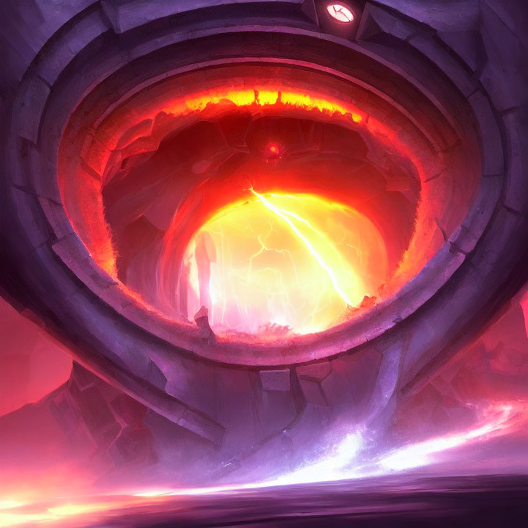 Circular stone structure with glowing molten core in rugged terrain