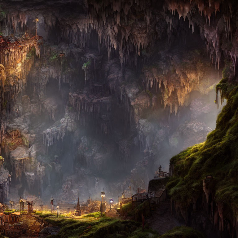 Ethereal subterranean landscape with luminous formations and dense stalactites