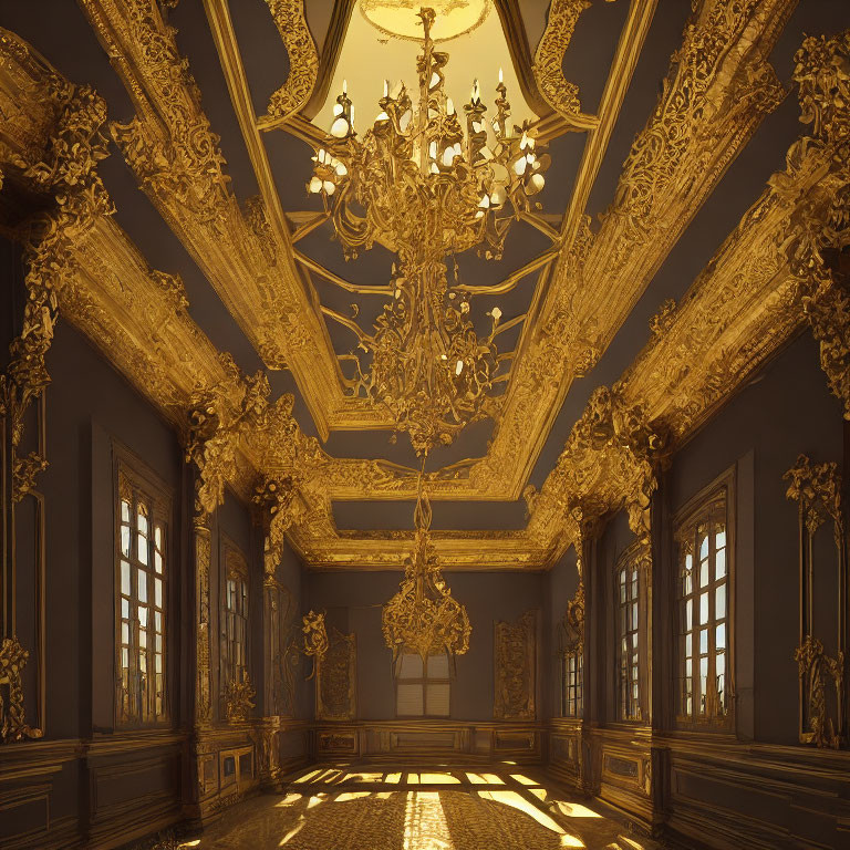 Luxurious Room with Gold Detailing and Chandeliers