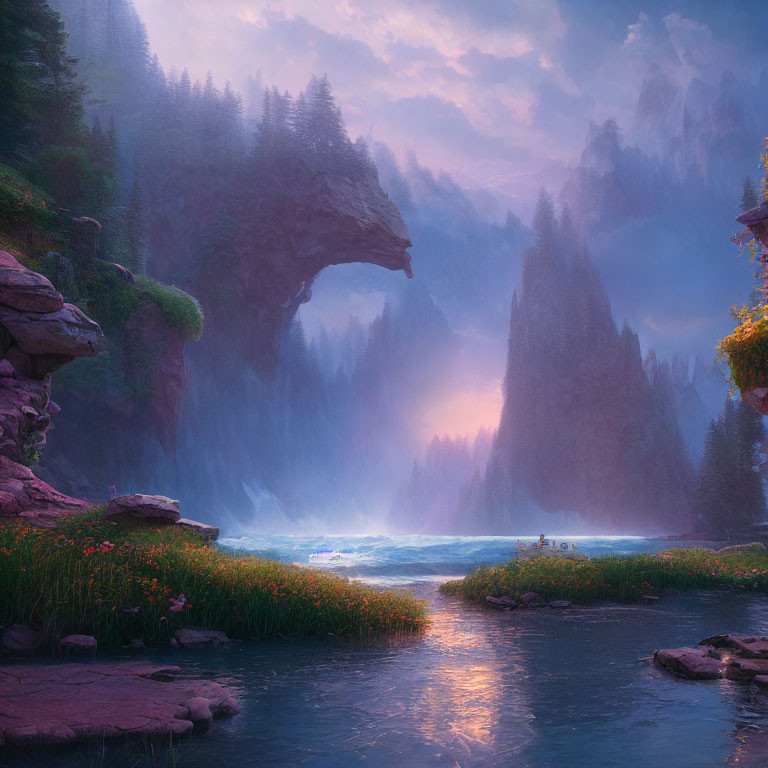 Fantasy landscape with river, floral banks, natural arch, and misty waterfalls at dusk