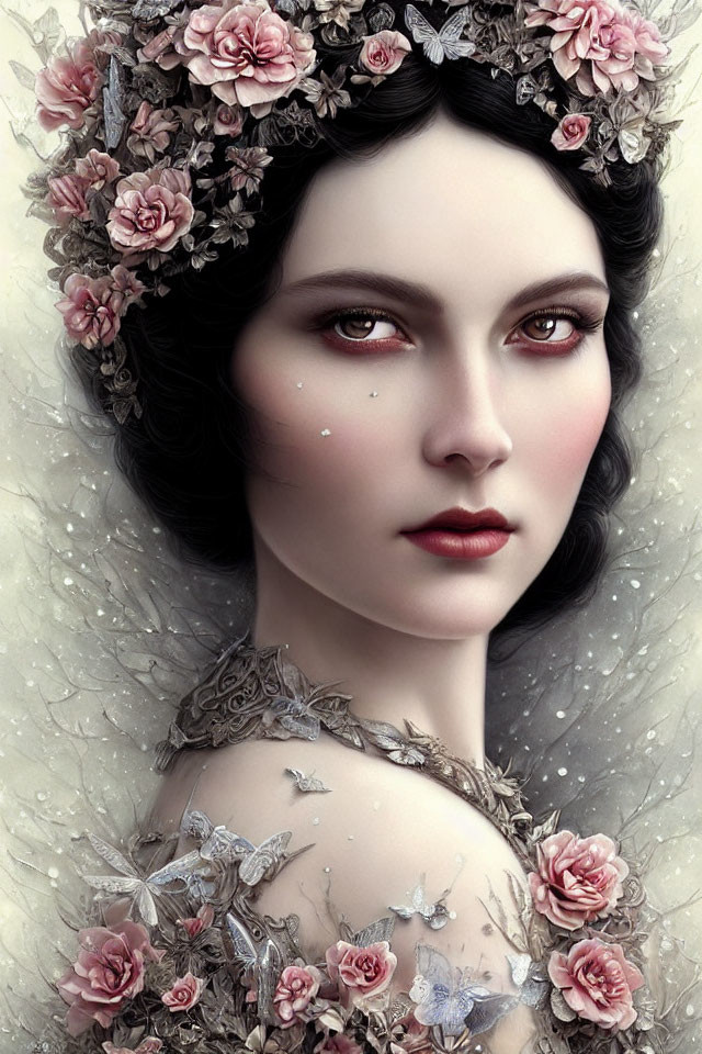 Portrait of woman with pale skin, dark hair, red eyes, floral headpiece, lace, and