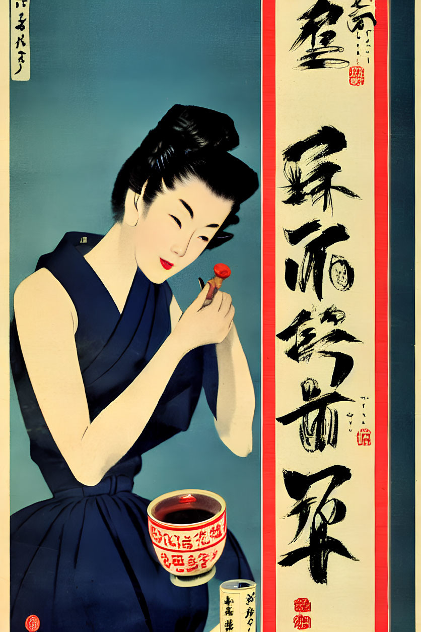 Japanese-style poster featuring woman in blue kimono with red flower and Japanese text