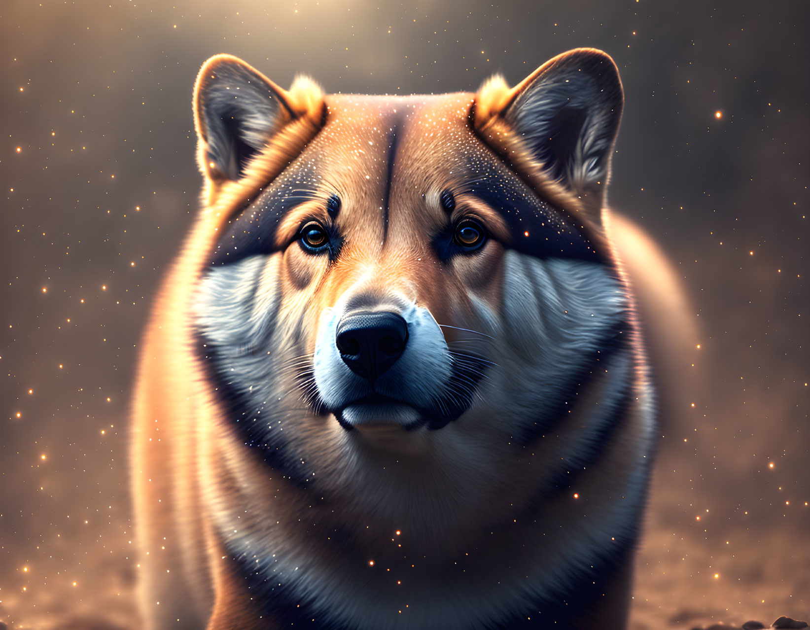 Digital art portrait of Corgi with mystical starry background and warm glowing light.