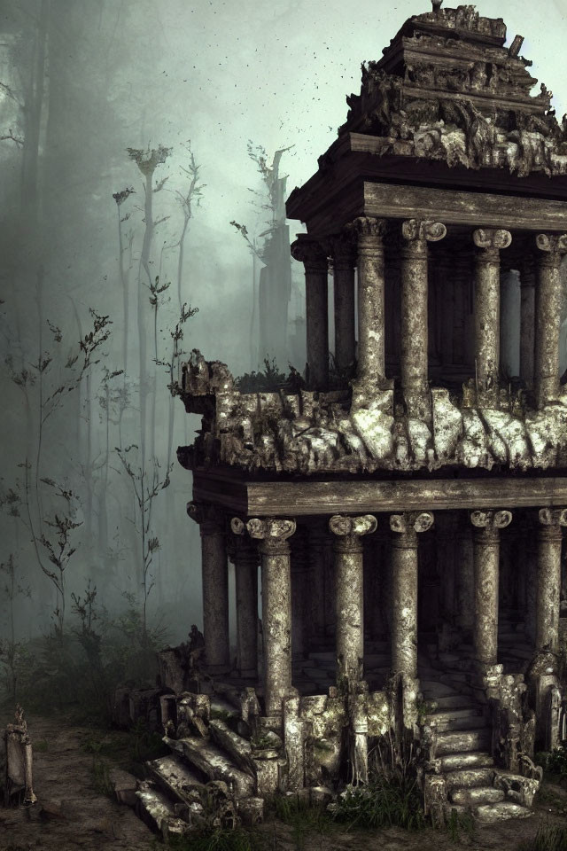 Ancient overgrown temple in misty forest with ruins and birds