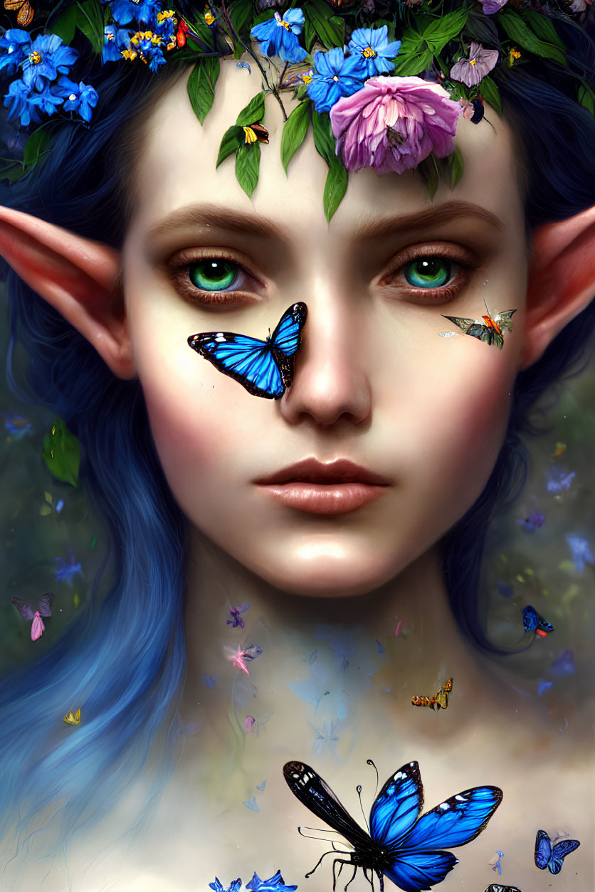 Fantastical creature portrait with pointed ears, green eyes, blue hair, flower crown, and butterflies