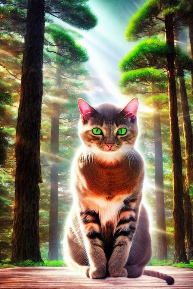 Digitally altered image: Large cat on wooden platform in sunlit forest