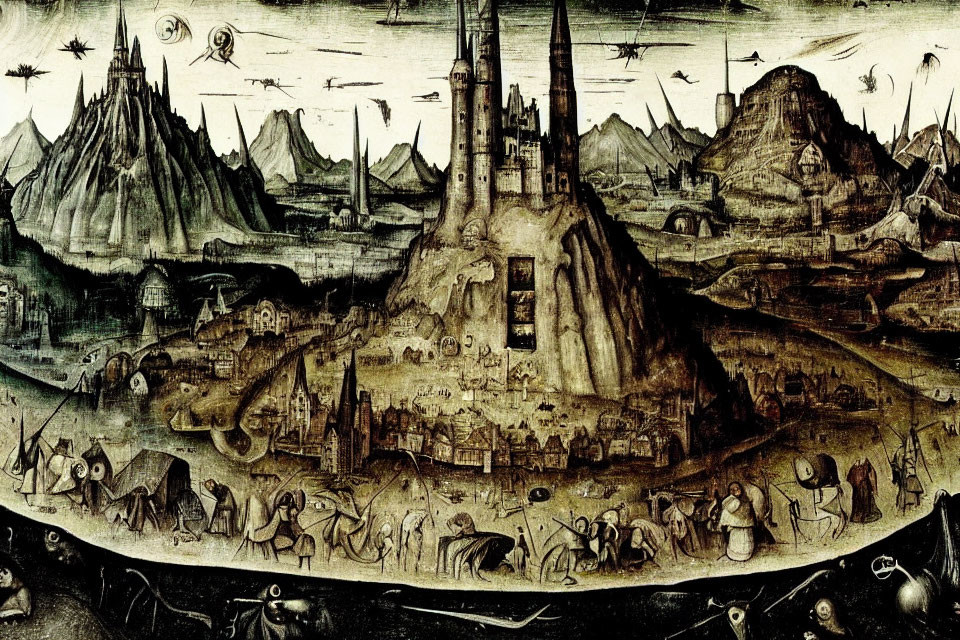 Medieval landscape with tower, mountains, tents, and figures under foreboding sky.