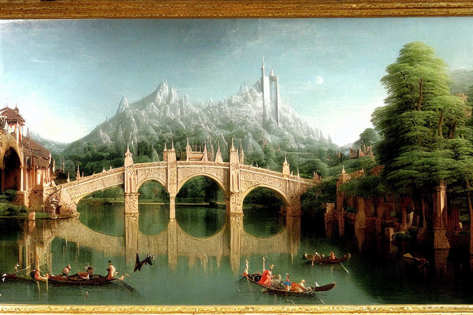 Classical landscape painting: ornate bridge over calm river, boats, lush trees, majestic mountains.