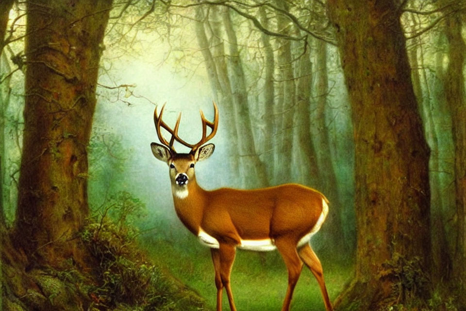 Misty forest scene with solitary deer among tall trees