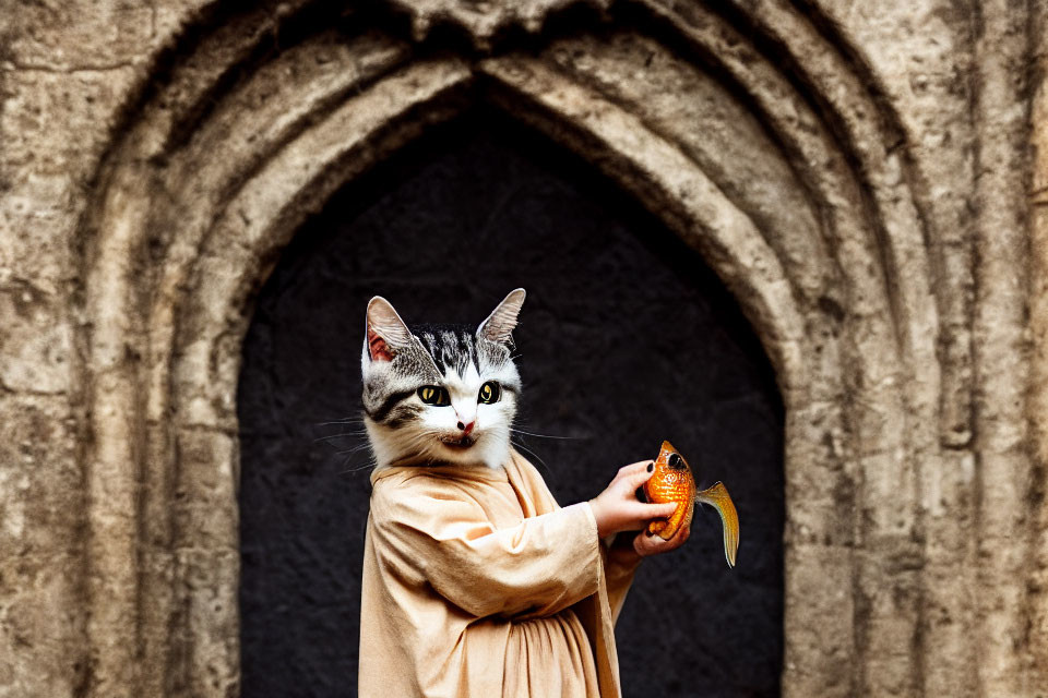 Cat-headed Monk in Robe with Fish by Stone Archway