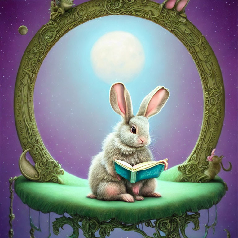 Rabbit reading book on green cushion with moon reflected in ornate mirror