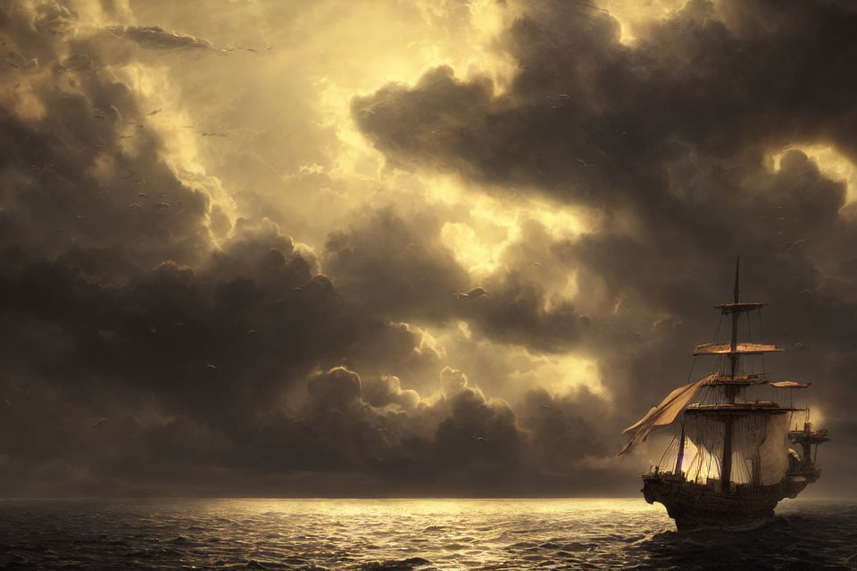 Vintage sailing ship on stormy sea with sunlight piercing through clouds