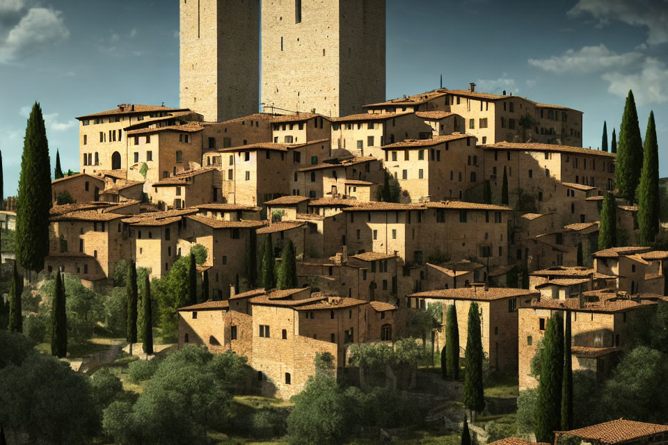 Stone Buildings & Tower in Historic Hilltop Village