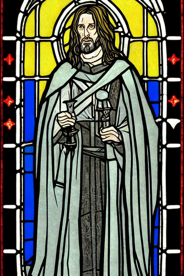 Illustration of robed figure with sword in stained glass window style