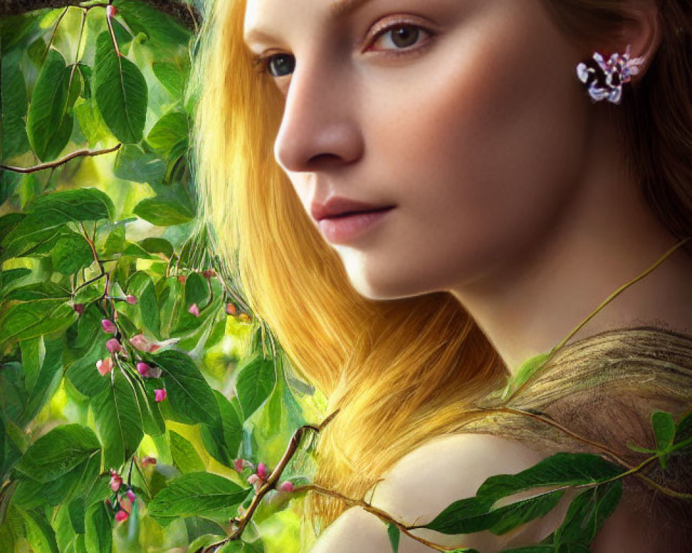 Portrait of woman with golden hair and blue eyes, butterfly on ear, surrounded by greenery and pink