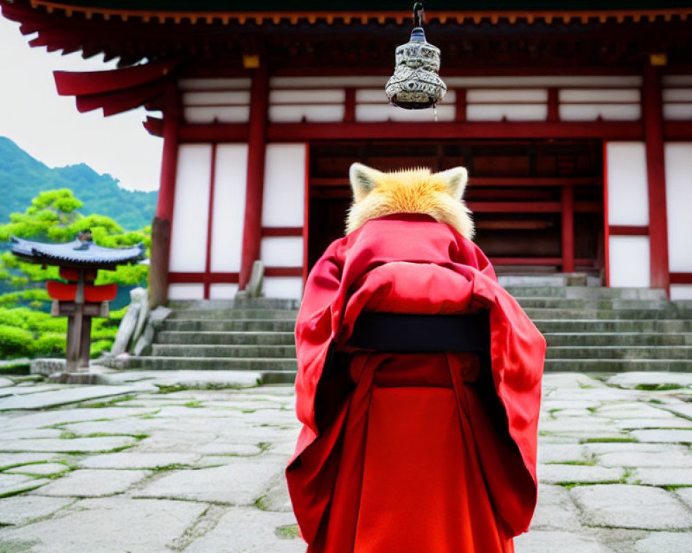 Person in red cloak with fox mask at Japanese temple with hanging bell