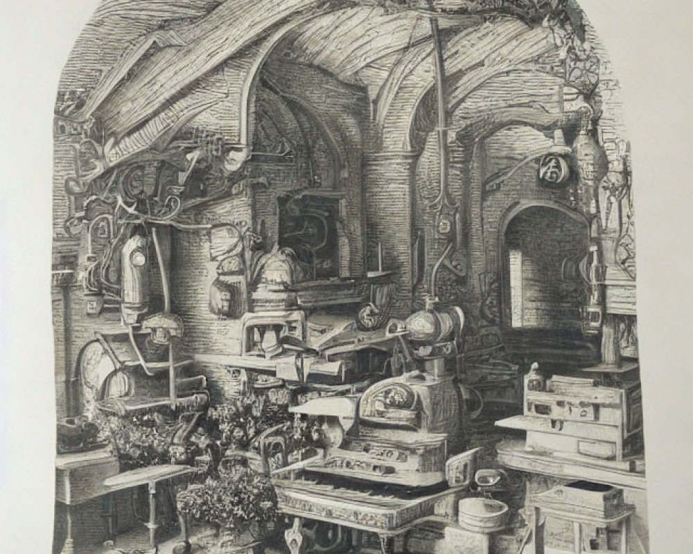 Detailed black and white illustration of a fantasy workshop with mechanical devices and crawling plants