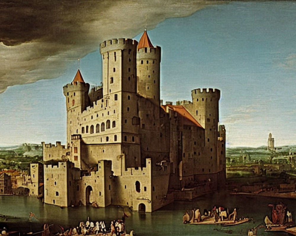 Renaissance-era painting of fortified castle in town landscape