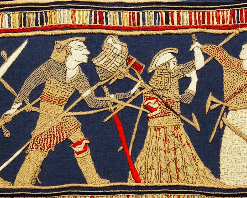 Medieval tapestry segment: Knights in chainmail armor fighting with swords.