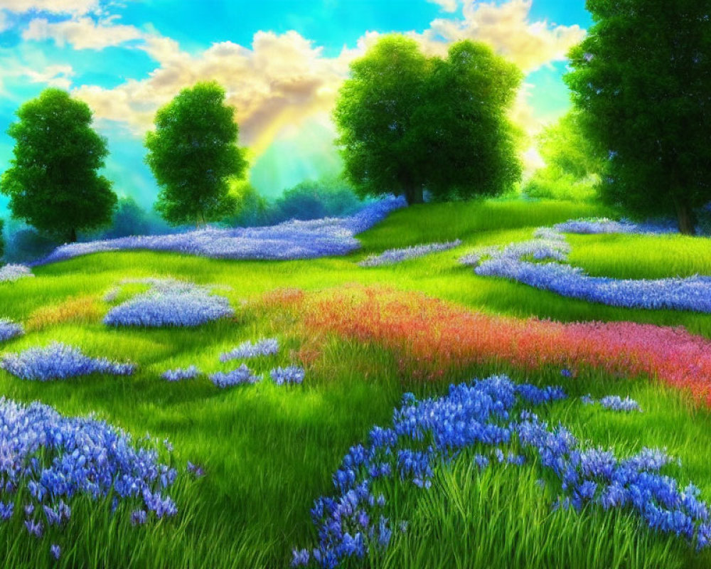 Colorful landscape with rolling green hills and vibrant flowers under sunny sky