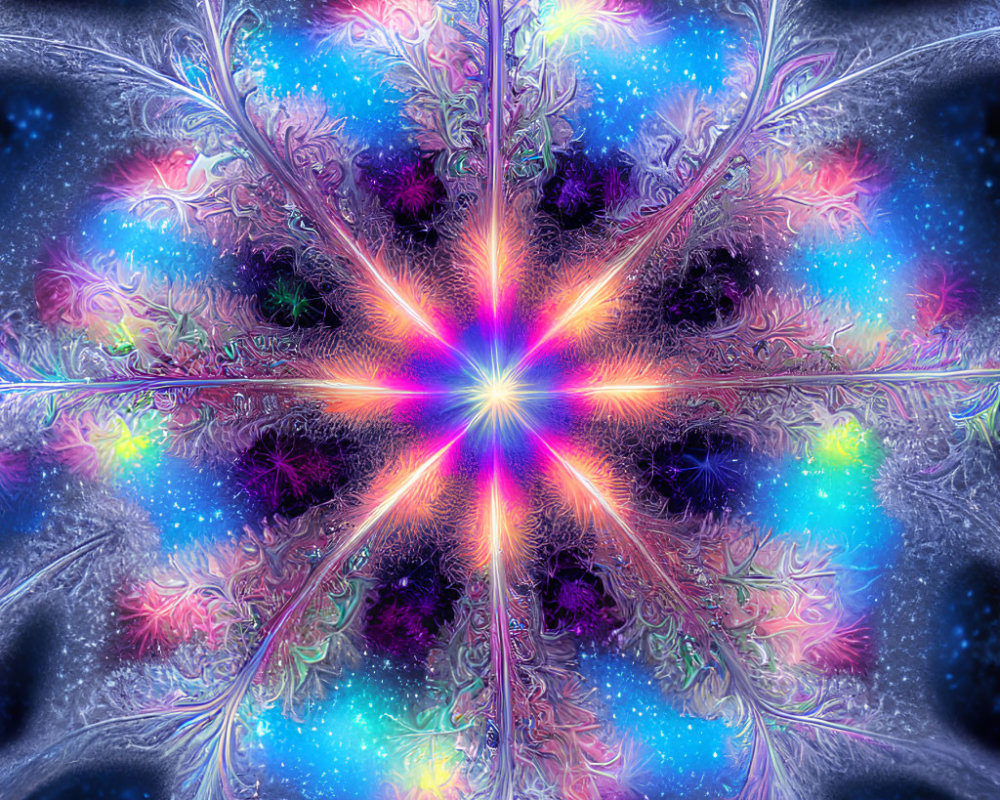 Symmetrical snowflake fractal with radiant light and multicolored details