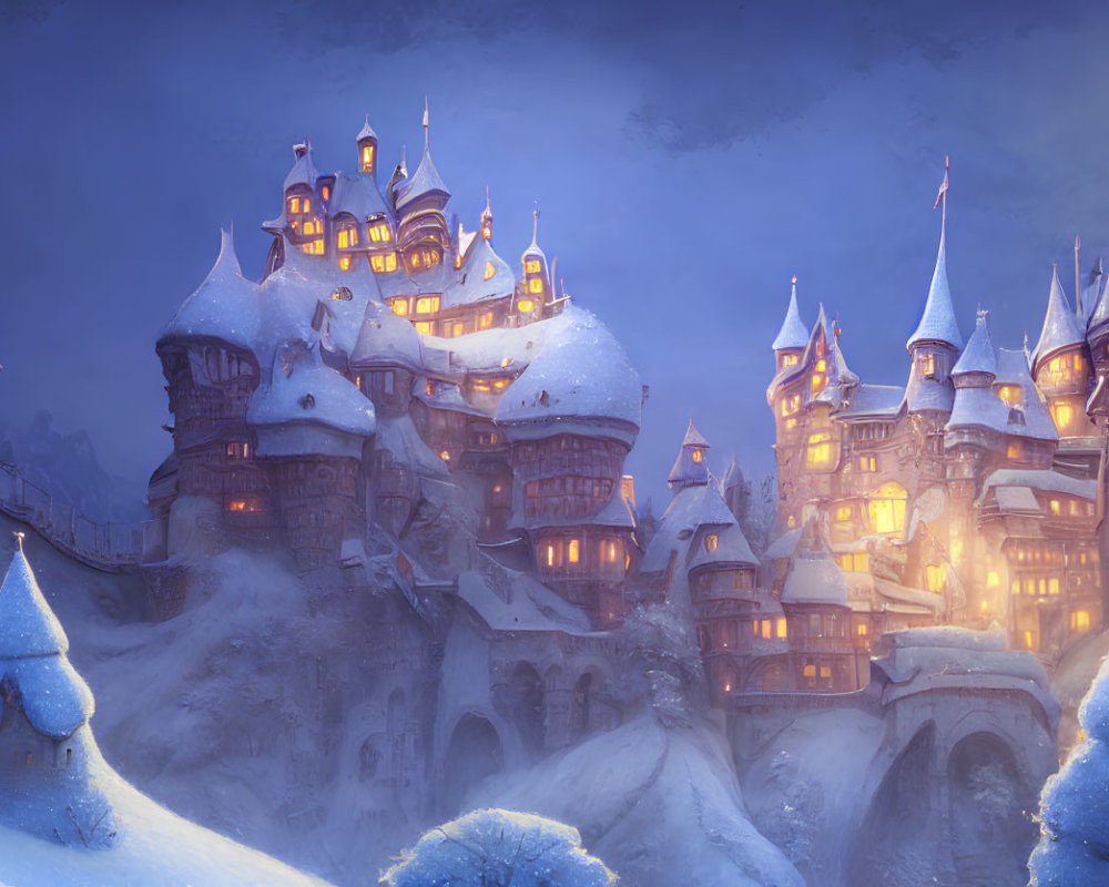 Snow-covered twilight castle on hill with glowing windows & turrets