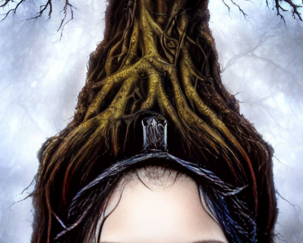 Tree merging with woman's face in misty background