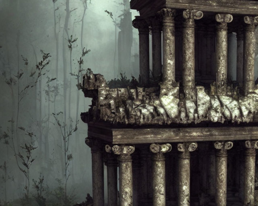 Ancient overgrown temple in misty forest with ruins and birds