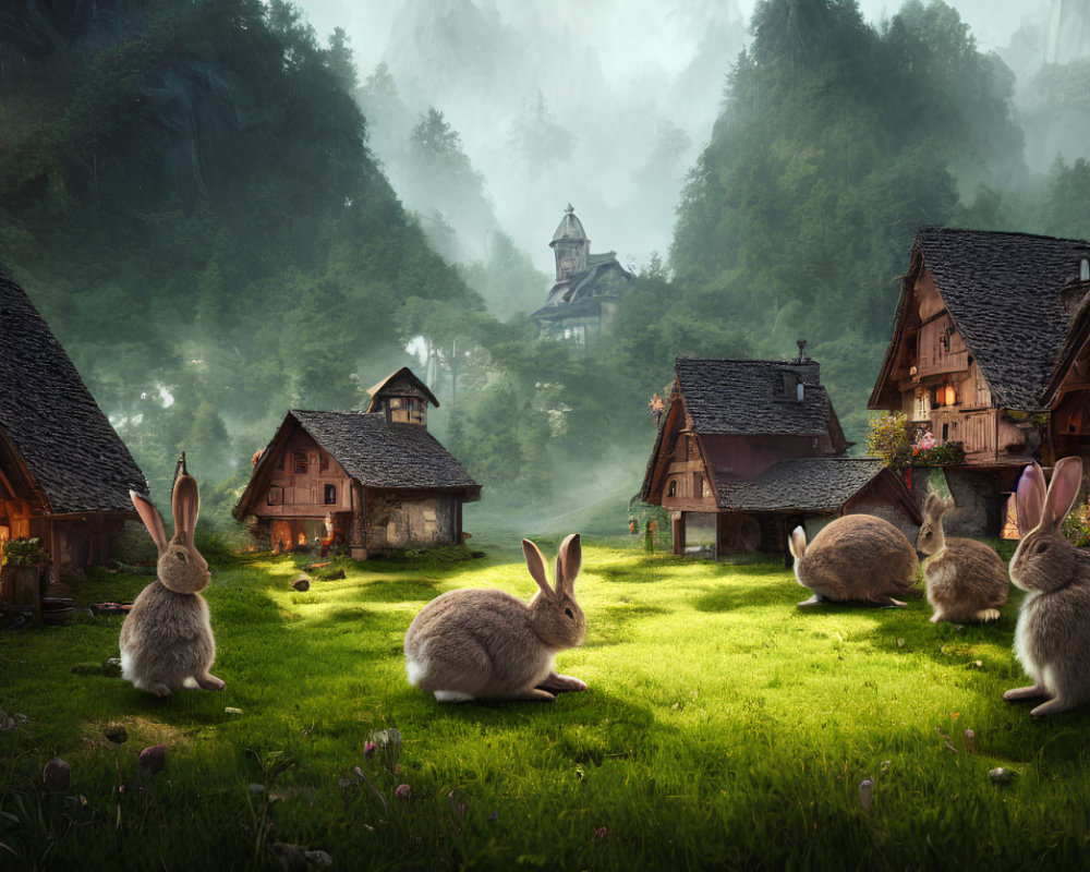 Mystical forest clearing with oversized rabbits and rustic cottages